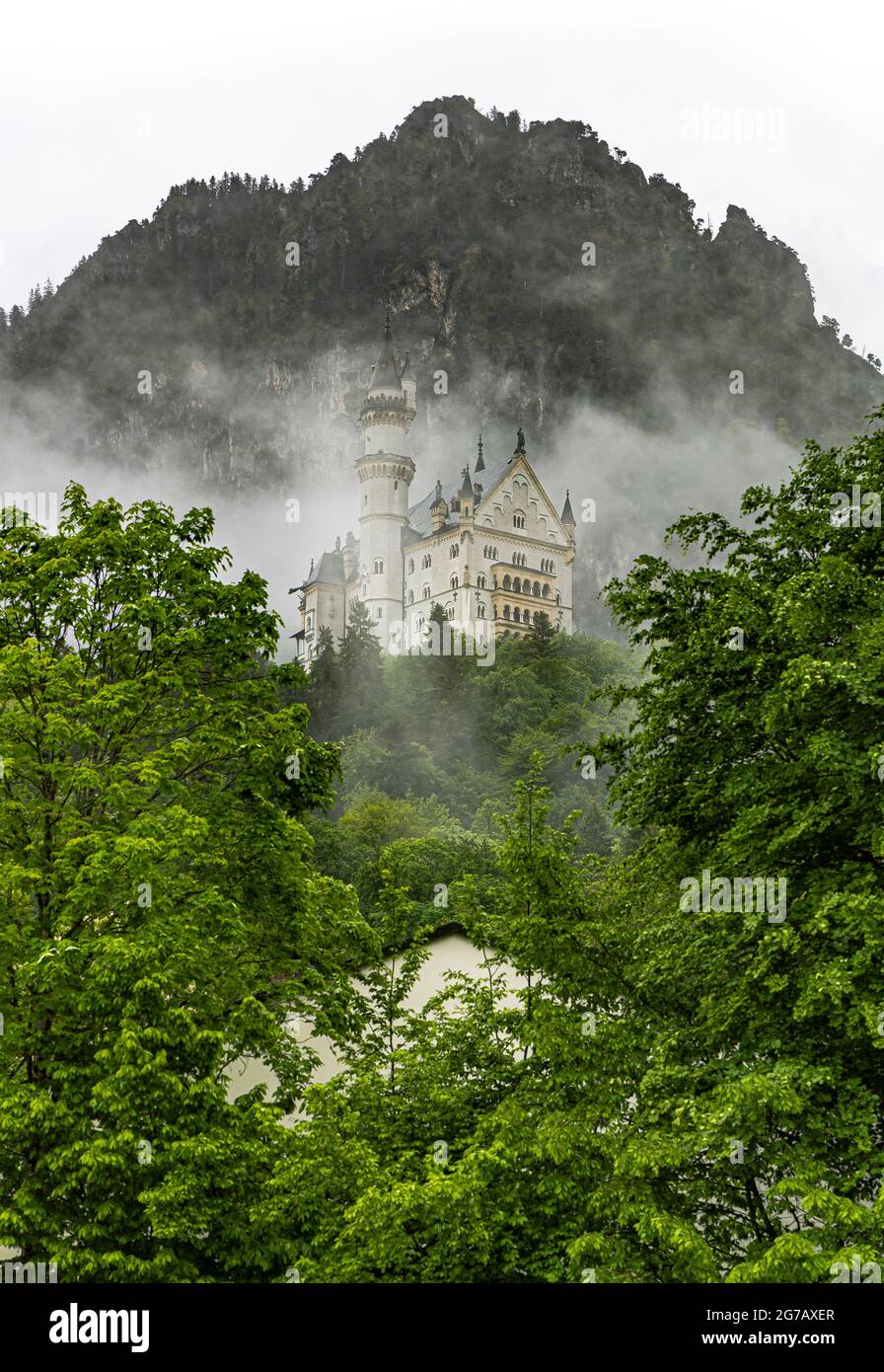 Vista del Castello di Neuschwanstein con nuvole e foreste verdi, Schwangau, alta Baviera, Germania Foto Stock