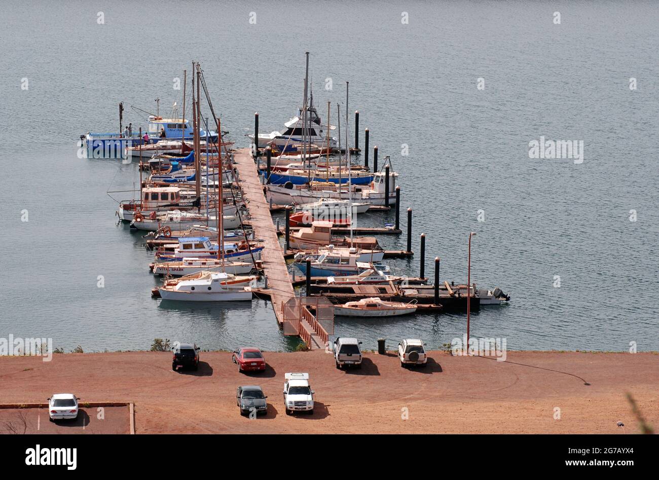 Barche ormeggiate su un molo, Whyalla prehore, Spencer Golfo, Sud Australia Foto Stock