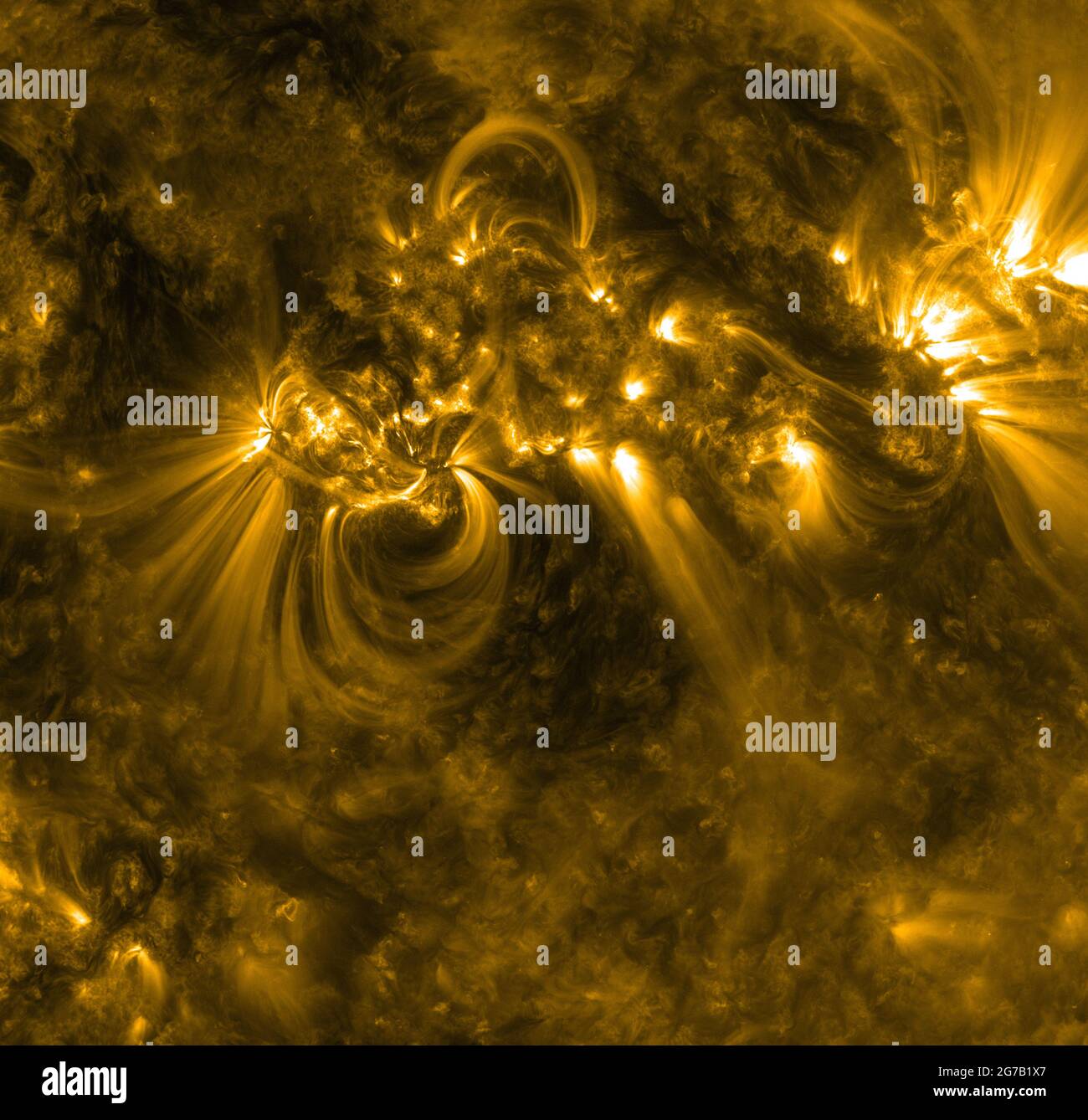 Attività al sole. Il 1302 settembre 2011, l'Osservatorio della dinamica solare (SDO) ha catturato questa drammatica immagine di Sunspot 28 con l'Advanced Imaging Assembly (AIA). AIA acquisisce immagini in 10 diverse lunghezze d'onda della luce. Questo è mostrato in 171 Angstrom, in genere colorato in giallo su immagini SDO. Le linee sottili e sussurre sono chiamate loop coronali e sono realizzate in materiale solare caldo – particelle cariche chiamate plasma – che si raccolgono intorno a campi magnetici invisibili che si avvolgono dal sole. Una versione ottimizzata e digitale di un'immagine della NASA / Credit NASA / Solar Dynamics Observatory Foto Stock