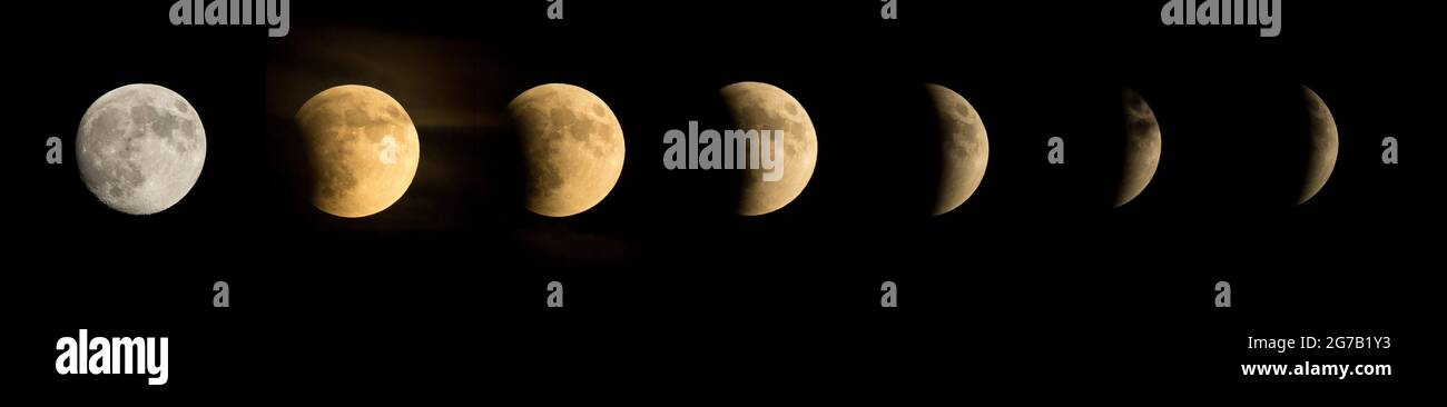 Un composito di sette immagini mostra la luna piena al perigee, o supermoon, durante un'eclissi lunare totale il 27 settembre 2015, la combinazione di una superluna e l'eclissi lunare totale precedentemente avuta nel 1982 e non accadrà di nuovo fino al 2033. Una versione unica, ottimizzata e digitalmente migliorata di un'immagine della NASA da parte del fotografo senior della NASA Bill Ingalis / Credit NASA Foto Stock