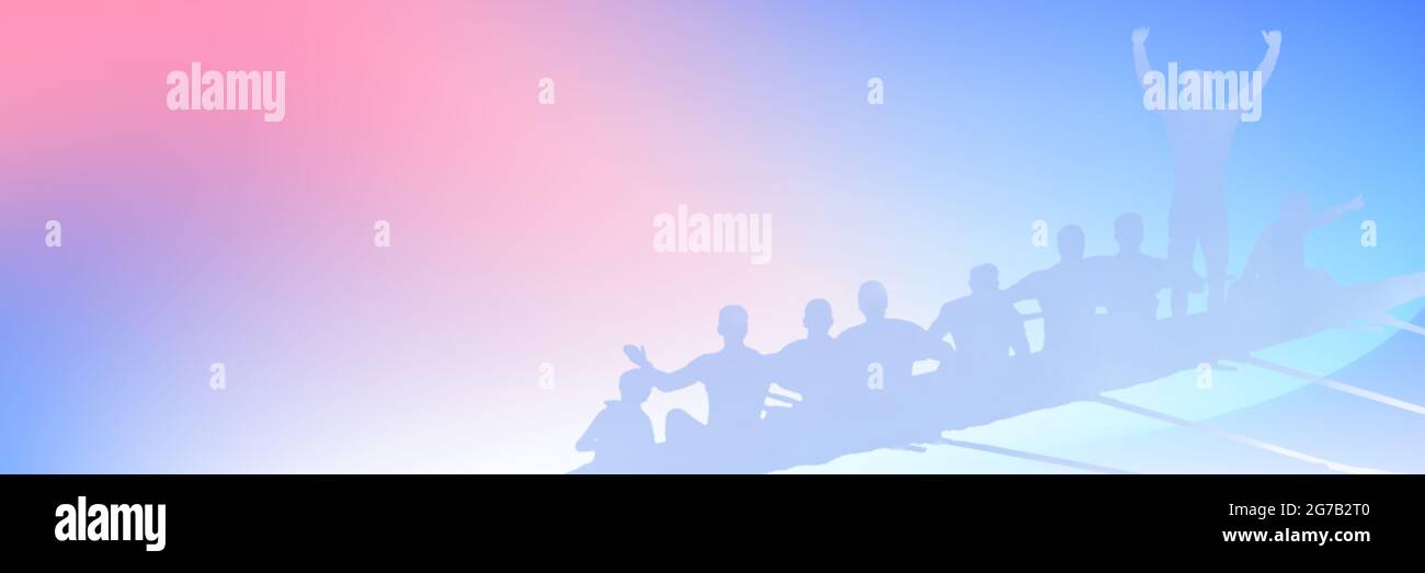 Sfondo per la gara sportiva canottaggio. Silhouette rowers, sfumatura viola-ciano. Banner sportivo con spazio di copia per il design Foto Stock