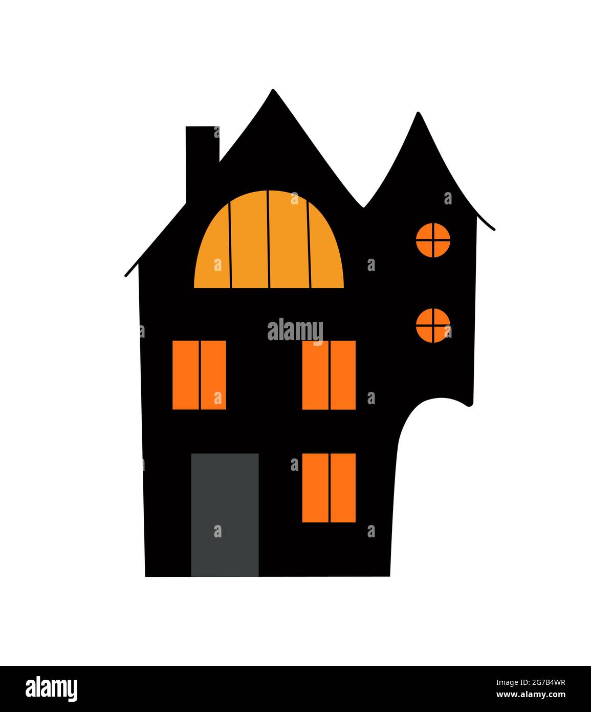 Halloween infestato casa con finestre luminose, semplice cartoon stile simpatico vettore illustrazione, autunno tradizionale festa decorazione, carte, inviti Illustrazione Vettoriale