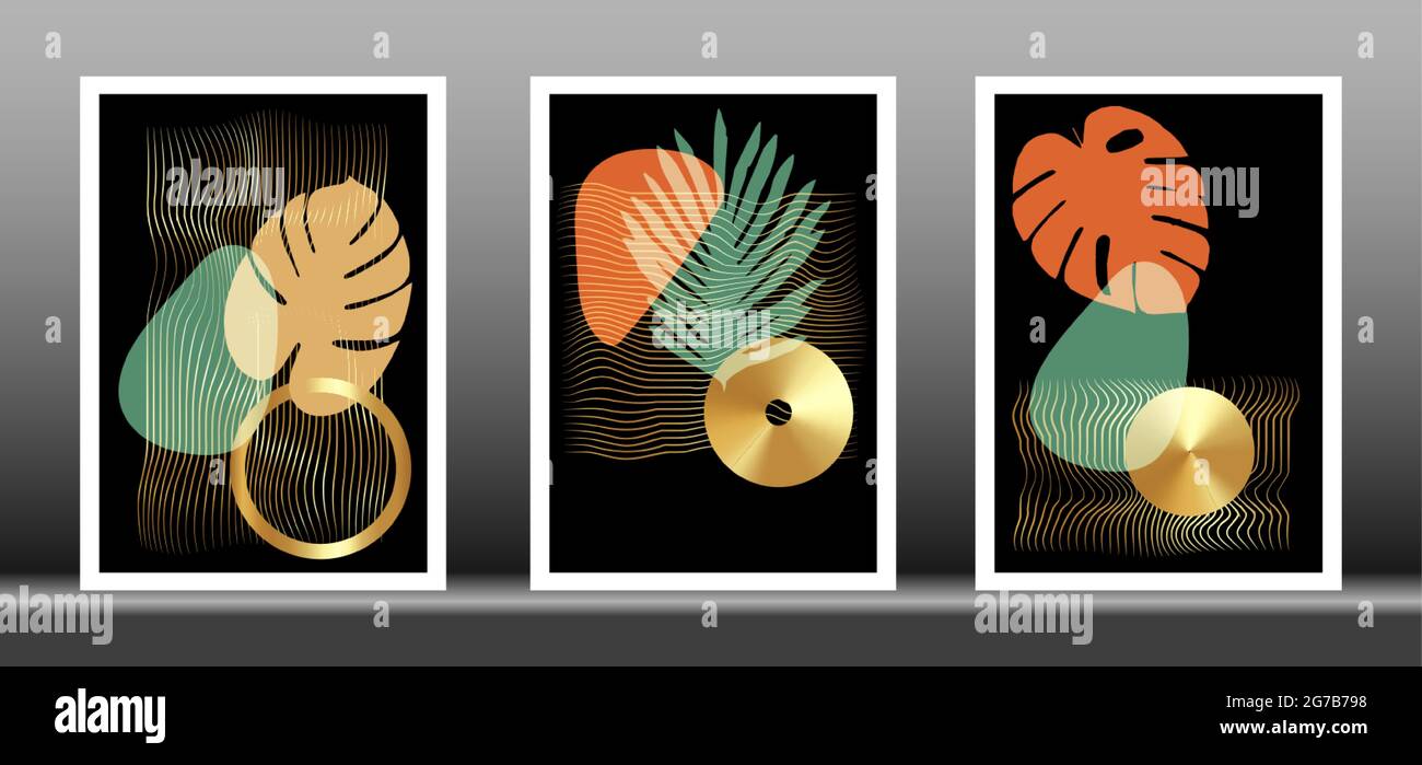 Carta da parati di lusso in oro. Impostare sfondo nero e oro. Disegno di arte di parete delle foglie tropicali colorate con la texture dorata lucida a strisce. Murale d'arte moderna w Illustrazione Vettoriale