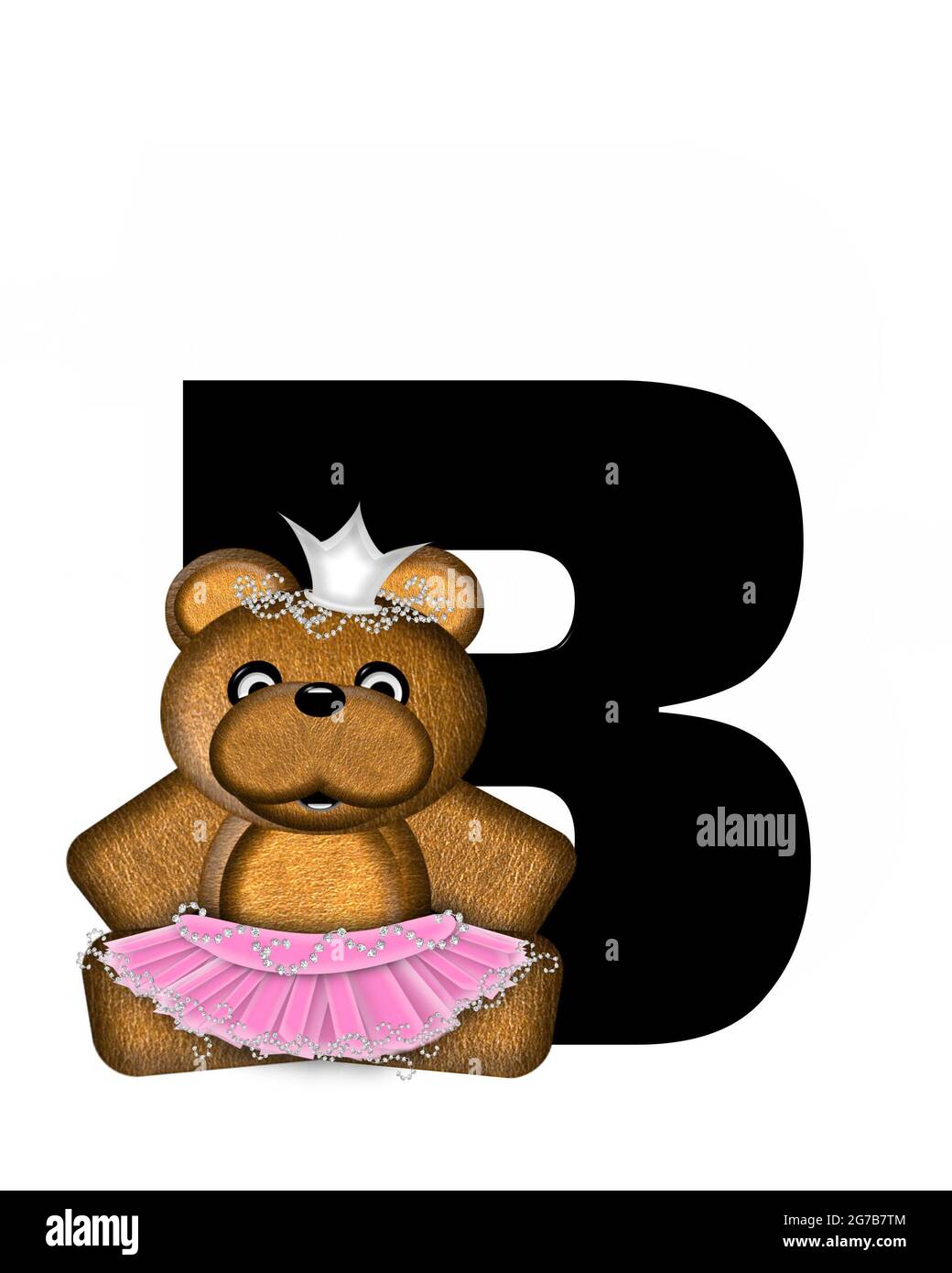 La lettera B, nell'alfabeto 'Ballerina Princess', è di colore nero brillante. La lettera è orsetto marrone decorato con tutu rosa e corona di gioielli. Foto Stock