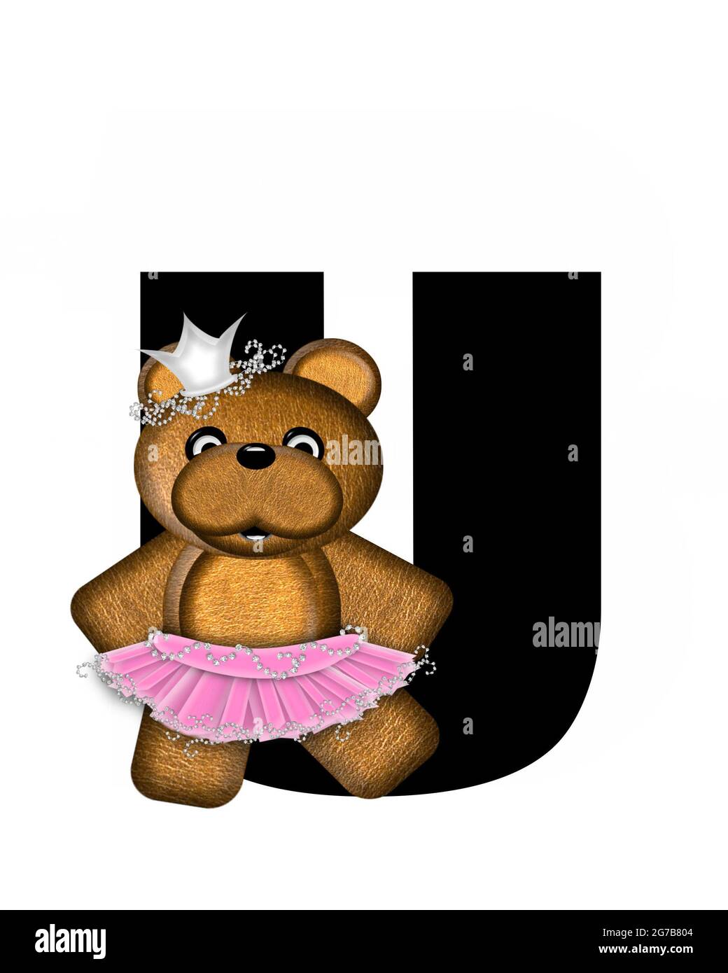 La lettera U, nell'alfabeto 'Ballerina Princess', è di colore nero brillante. La lettera è orsetto marrone decorato con tutu rosa e corona di gioielli. Foto Stock