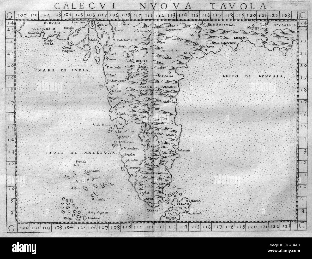 India, incisione in rame Calecut Nuova Tavola di Girolamo Ruscelli, Venezia, 1562 Foto Stock