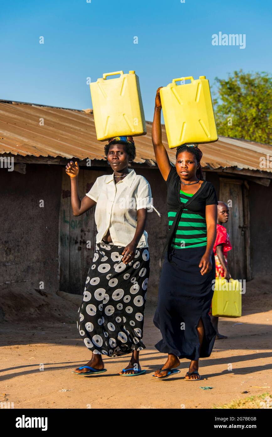 Le donne che trasportano contenitori di acqua sulla loro testa portando acqua home dal lago Albert, Uganda, Africa Foto Stock