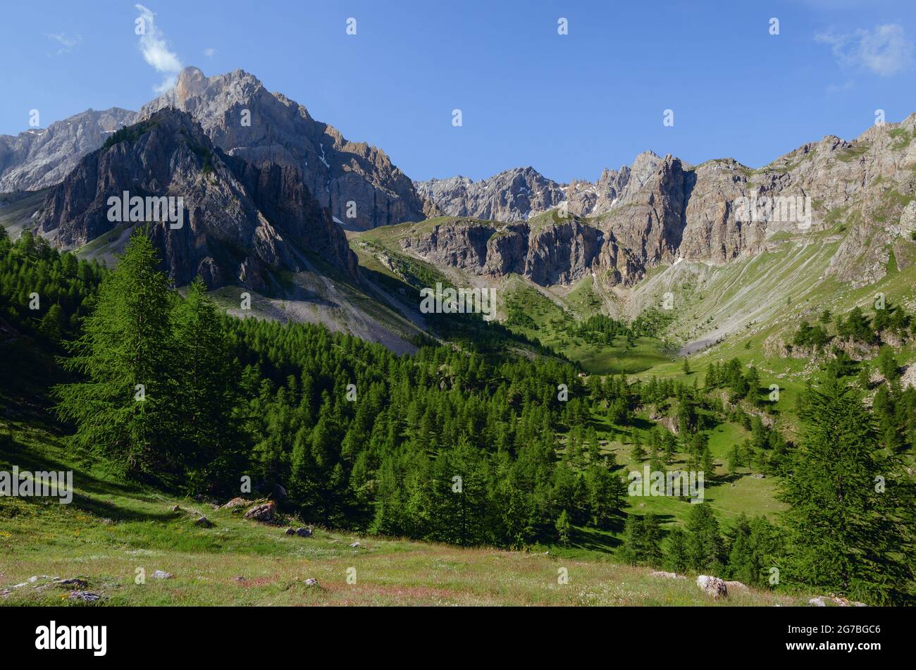 Catena montuosa, valle e foresta sul sentiero per colle delle muine in valle maira, bellissimo paesaggio nelle alpi marittime del Piedmo Foto Stock