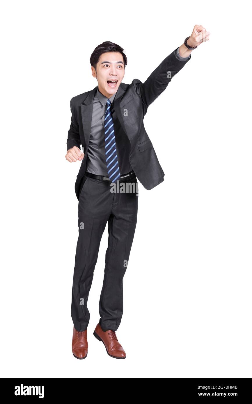 Giovane uomo d'affari che alza le mani su.isolato su sfondo bianco. Foto Stock