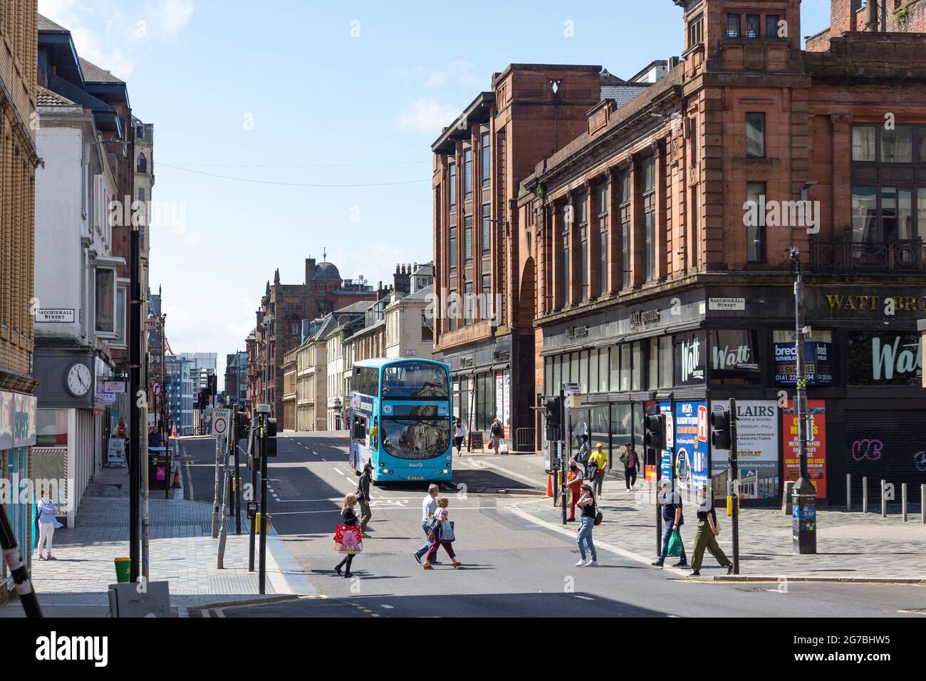 Autobus a due piani, Hope Street, Glasgow City, Scozia, Regno Unito Foto Stock