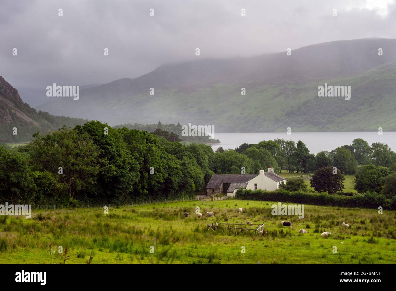 ENNERDALE WATER, INGHILTERRA - 3 LUGLIO 2021: Vista dell'acqua di Ennerdale nelle nuvole in estate e di una tipica casa colonica. Foto Stock