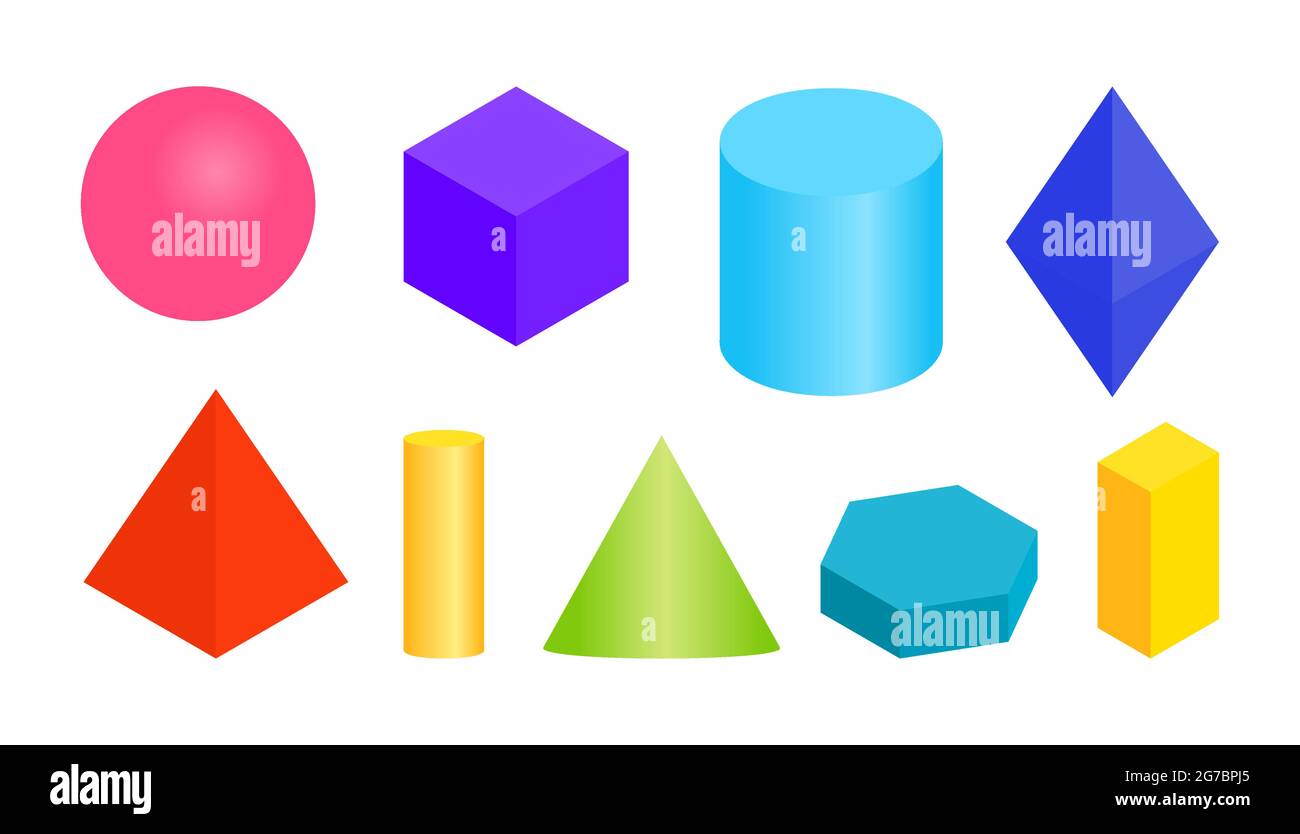 Forme geometriche volumetriche a gradiente colorate. Diversa semplice figura 3d di base. Viste isometriche sfera, cubo, cilindro, prisma esagonale e altre forme regolari. Isolato su illustrazione vettoriale bianca Illustrazione Vettoriale