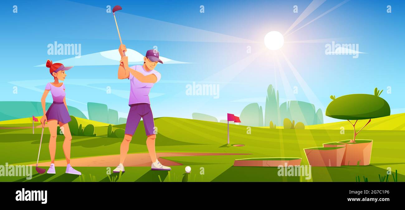 Golfers che gioca a golf su campo verde che colpisce la palla con il randello sullo sfondo del paesaggio del campo natura con bandiera rossa, bunker di sabbia e alberi sotto il cielo blu soleggiato. Illustrazione vettoriale cartoon torneo sportivo Illustrazione Vettoriale