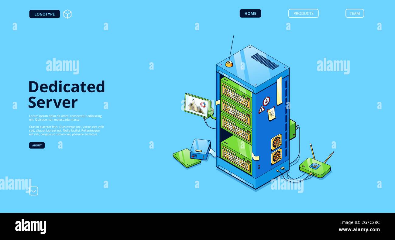 Pagina di destinazione isometrica dedicata per server, apparecchiature di memorizzazione dati per computer, database di memoria per pc, hardware. Dispositivo elettronico per web hosting, tecnologia di risparmio di informazioni 3D vettoriale line art banner web Illustrazione Vettoriale