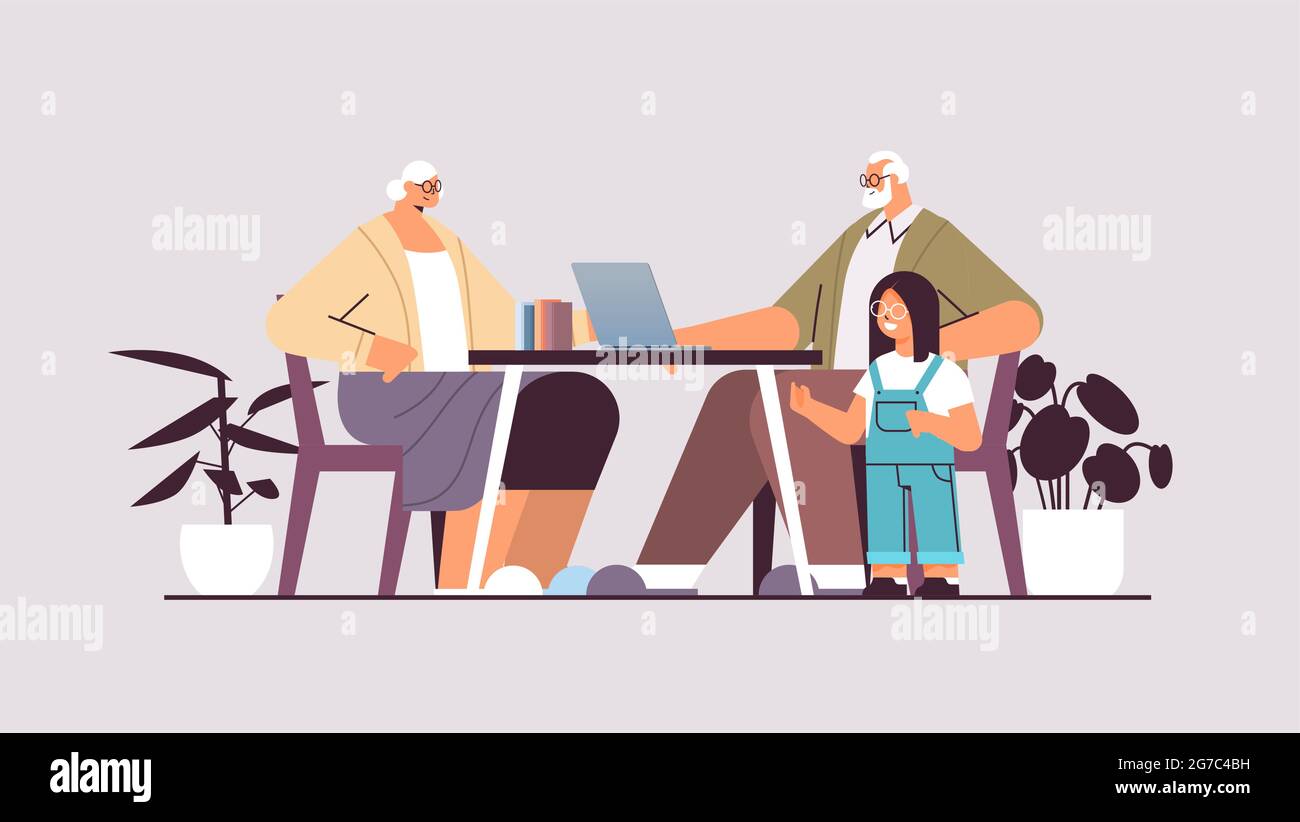 nonni con nipote che utilizzano il concetto di comunicazione online di social media per computer portatili Illustrazione Vettoriale