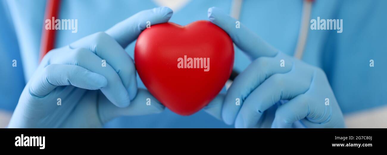Il medico nei guanti tiene un closeup rosso del cuore Foto Stock