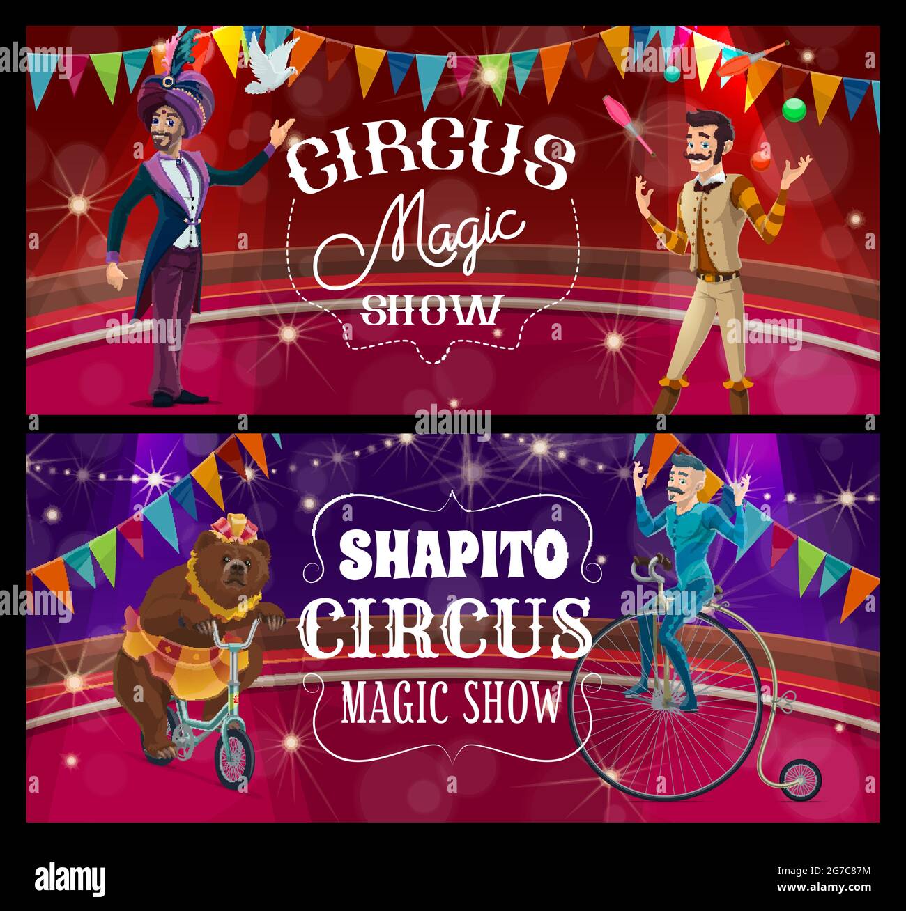 Palcoscenico del circo di Shapito, acrobat, giocoliere e orso addestrato su striscioni vettoriali dell'arena. Grandi artisti in tenda che presentano uno spettacolo di magia con corsa in bicicletta con orso Illustrazione Vettoriale