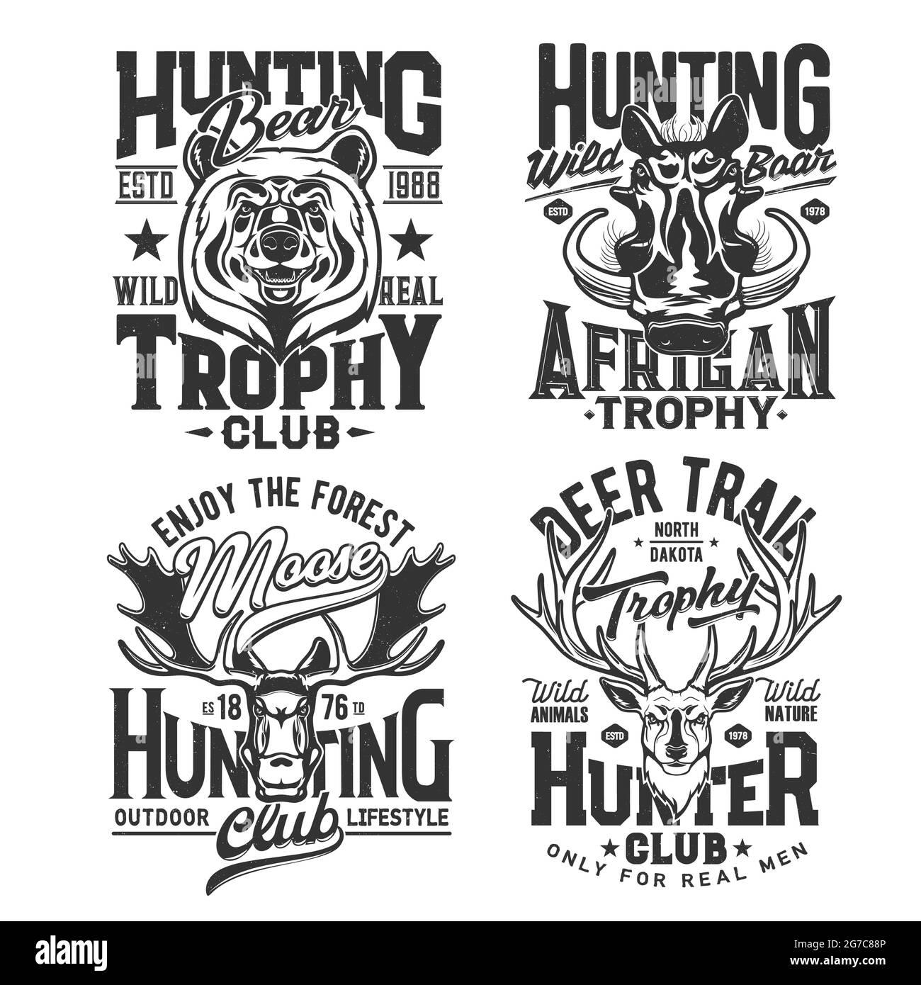 Stampe di magliette di club di caccia, trofeo di animali di caccia safari, emblemi vettoriali. Caccia t-shirt stampe di cervo selvatico, alci, orso foresta e warthog cinghiale, hu Illustrazione Vettoriale