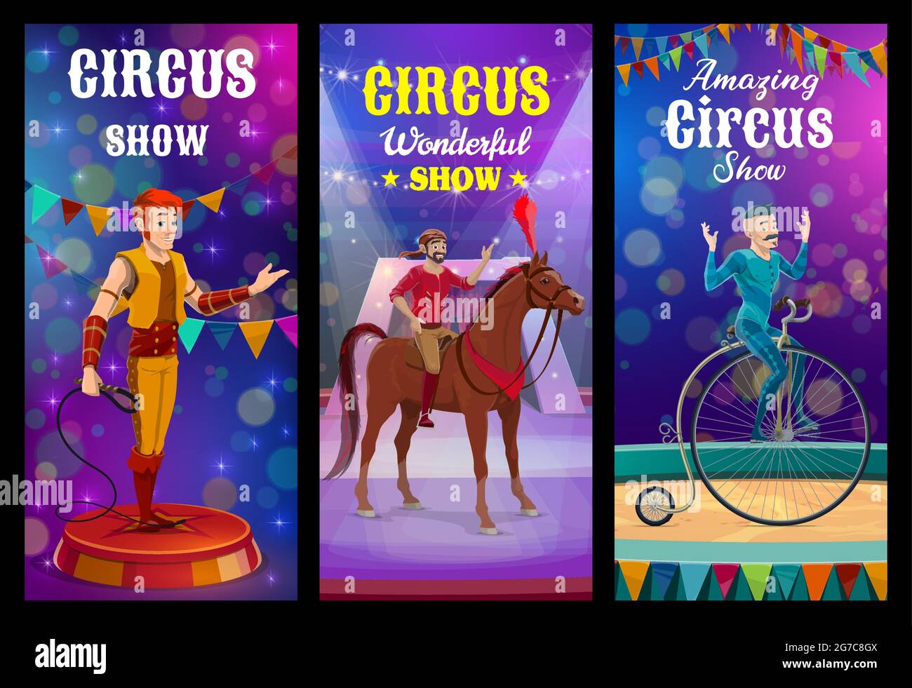 Shapito circus animal trainer e acrobati personaggi. Spettacolo top circus, manomera di animali selvatici, acrobata di cavalli e unicycle Illustrazione Vettoriale