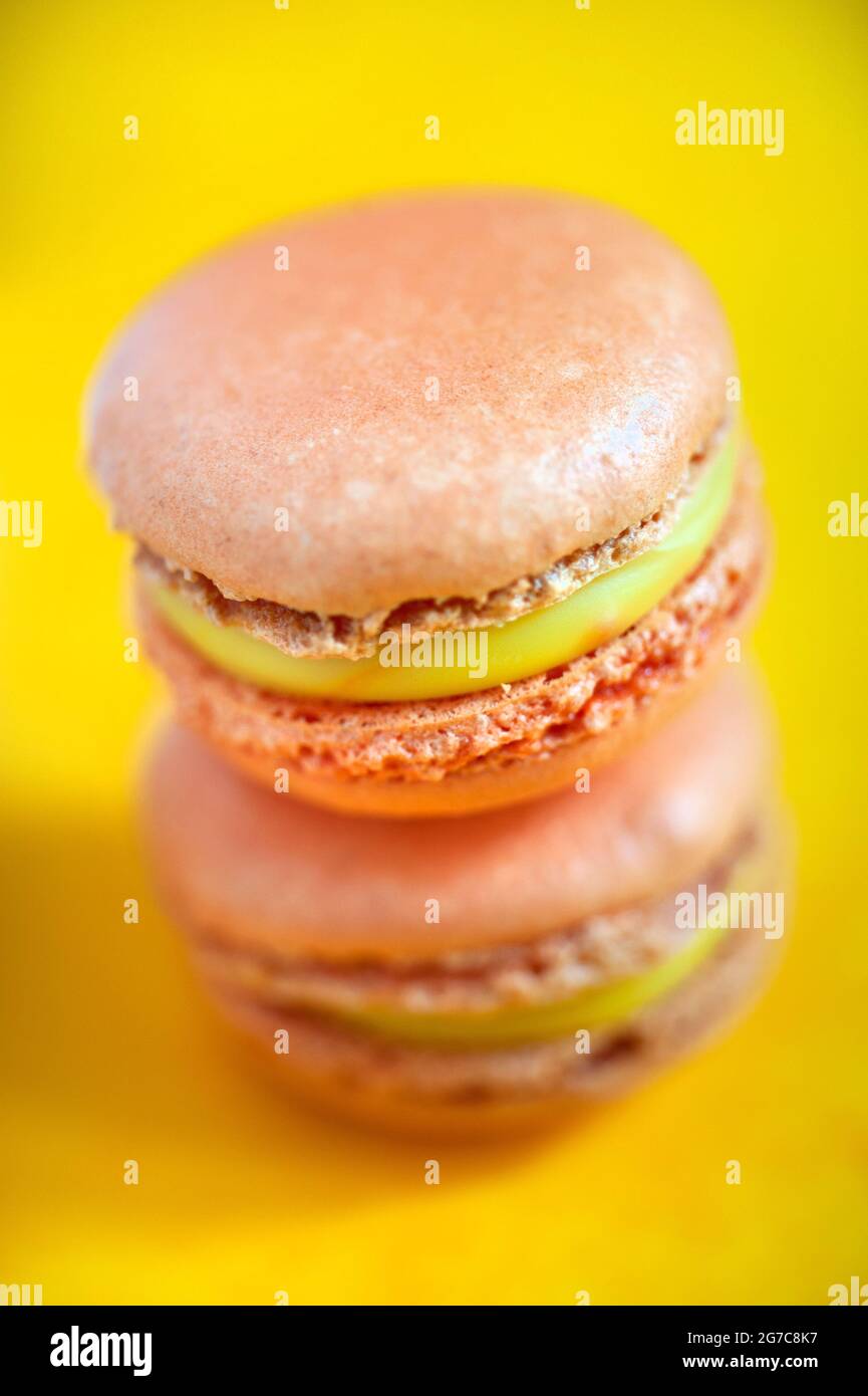 Macaron aromatizzati allo zafferano su sfondo giallo. Realizzato da Les Macarons de PIM! Foto Stock