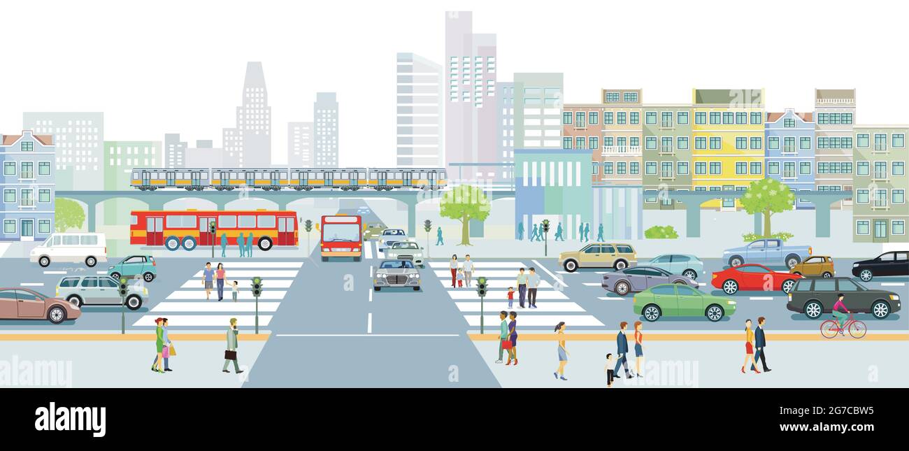 Profilo della città con le persone sul marciapiede e illustrazione del traffico stradale Illustrazione Vettoriale