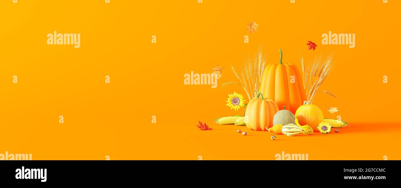 Autunno sfondo stagionale con zucche e decorazioni autunnali 3d rendering illustrazione 3d Foto Stock