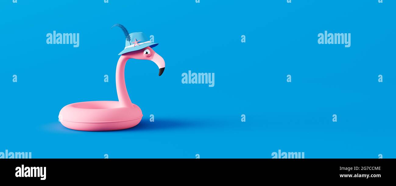 Divertente fenicottero rosa con cappello su sfondo blu. Summer Vacation Minimal Concept 3D Render illustrazione 3D Foto Stock