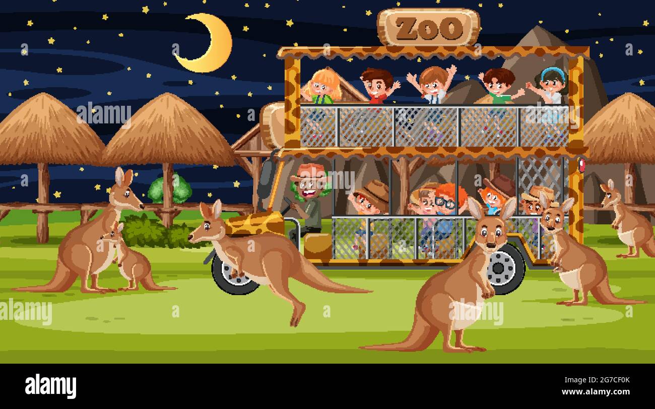 Safari nella scena notturna con molti bambini che guardano l'illustrazione di gruppo di leopard Illustrazione Vettoriale