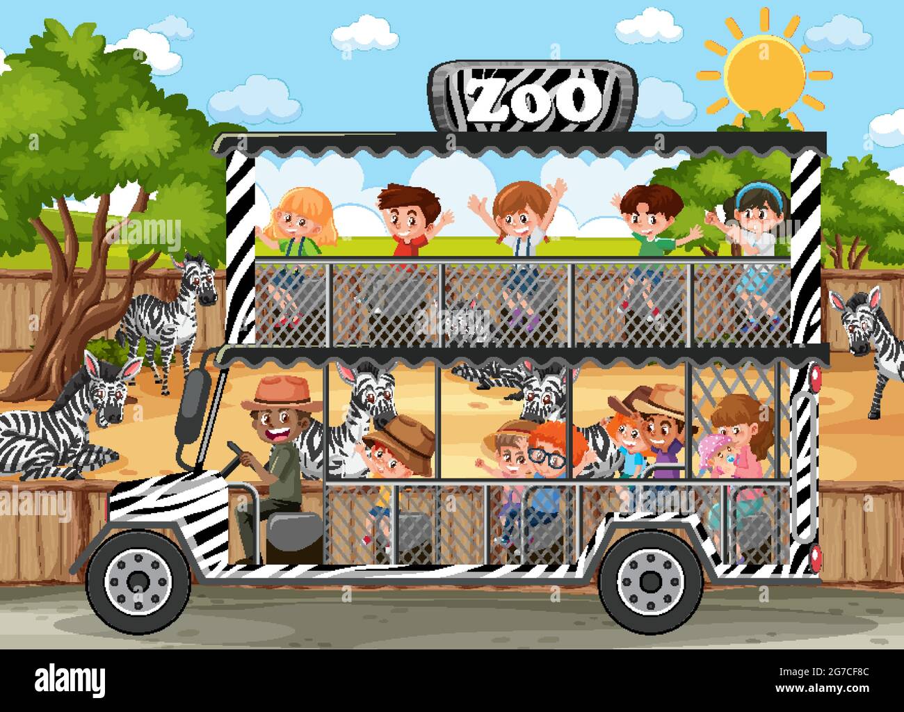 Safari scena con i bambini in auto turistica guardando zebra gruppo illustrazione Illustrazione Vettoriale