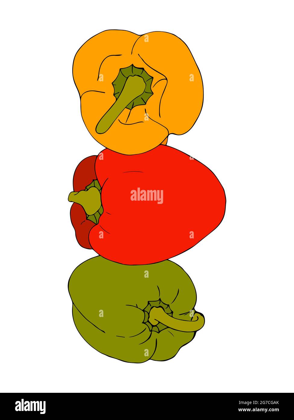 Colore peperoni rosso giallo verde, un mucchio di peperoni, uno su uno. Schizzo, disegno a mano. Per il tuo progetto. Illustrazione vettoriale. Illustrazione Vettoriale