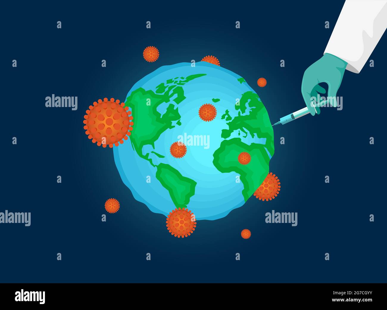 Mano del medico in guanto verde iniettare la siringa di vaccino contro l'infezione da coronavirus nel pianeta Terra. COVID-19 concetto di vaccinazione mondiale della malattia. Campagna globale di immunizzazione per la protezione da 2019 ncov Illustrazione Vettoriale