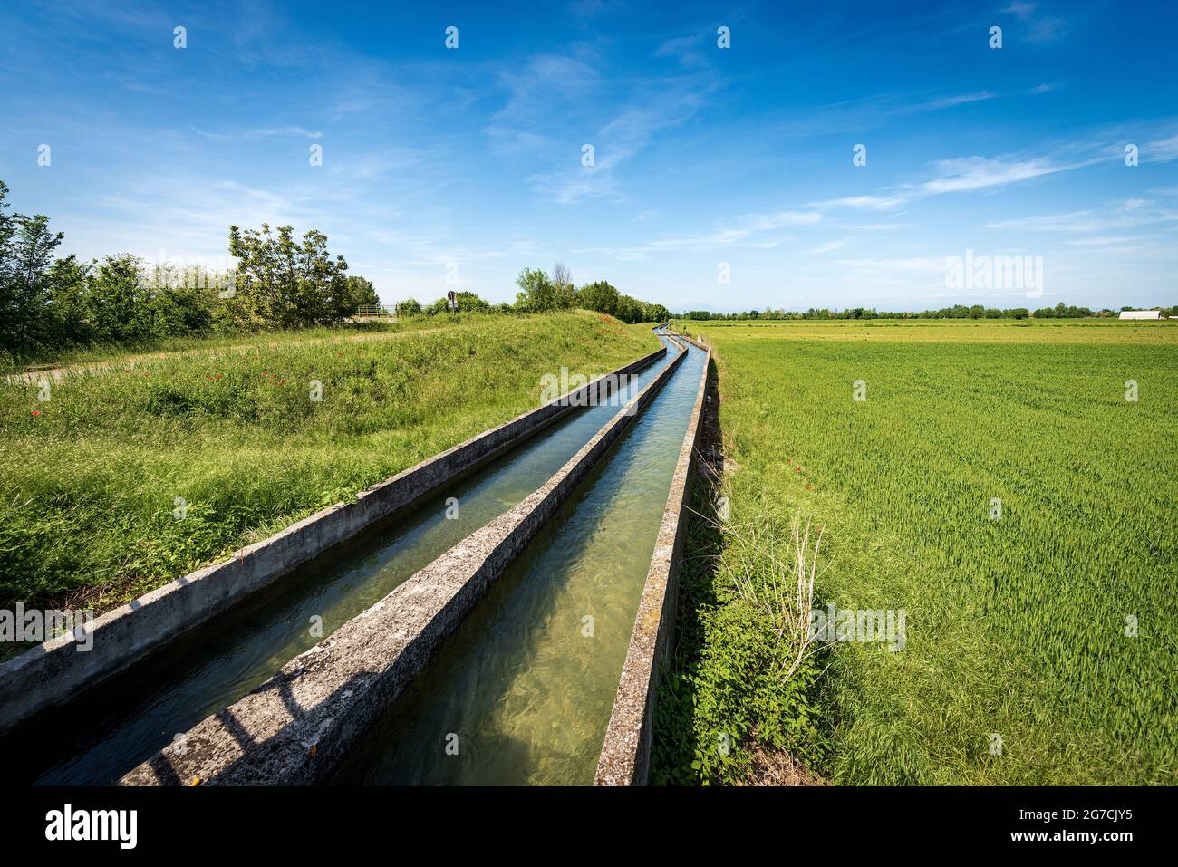 Due piccoli canali d'irrigazione in cemento in ambiente rurale, pianura Padana o valle del po (Pianura Padana). Provincia di Mantova, Italia, Europa meridionale. Foto Stock