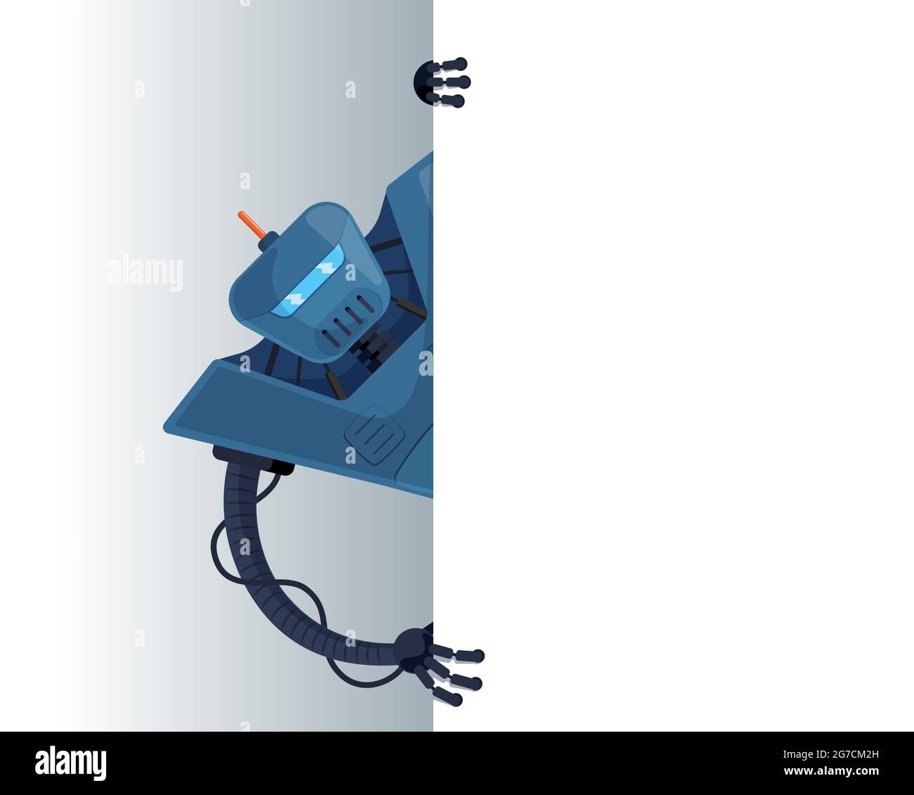 Carino porri robot blu guardare fuori dietro angolo spazio poster vuoto per il testo. Personaggio cyborg con lavagna bianca vuota per la presentazione. Illustrazione eps interfaccia mockup banner informazioni robotica Illustrazione Vettoriale
