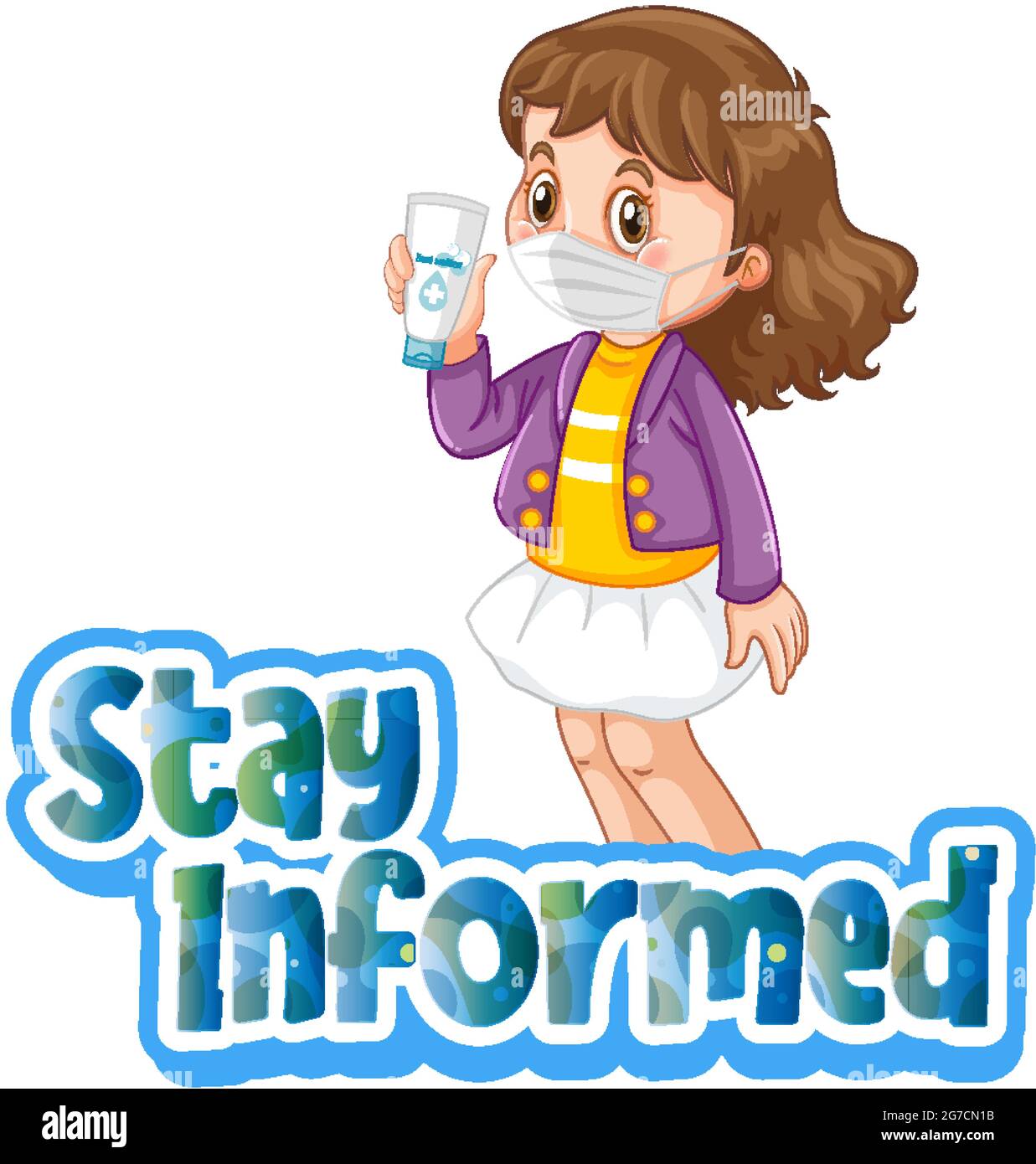 Resta informato font in stile cartoon con agirl indossare maschera medica illustrazione Illustrazione Vettoriale