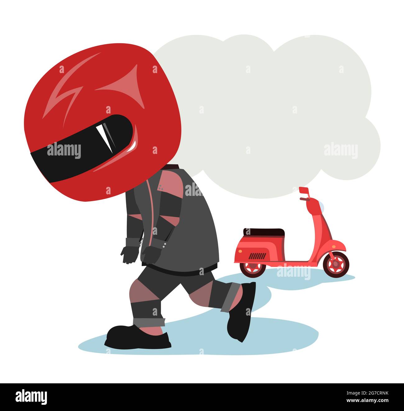 Conducente scooter. Motociclista Cartoon. Illustrazione per bambini. Camminare tristemente. In uniforme sportiva e casco rosso. Motociclista fresco. Isolato su bianco Illustrazione Vettoriale