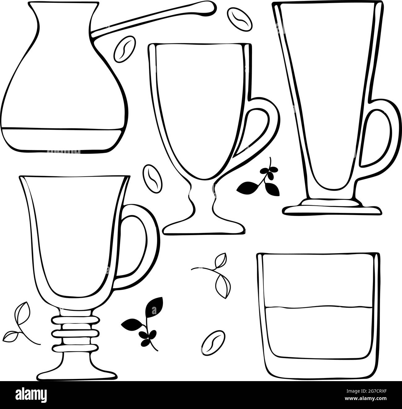 Un set di bicchieri per bevande al caffè e un bicchiere di whisky, latte, caffè irlandese, caffè turco, fagioli e ciuffi di caffè. Illustrazione vettoriale Illustrazione Vettoriale