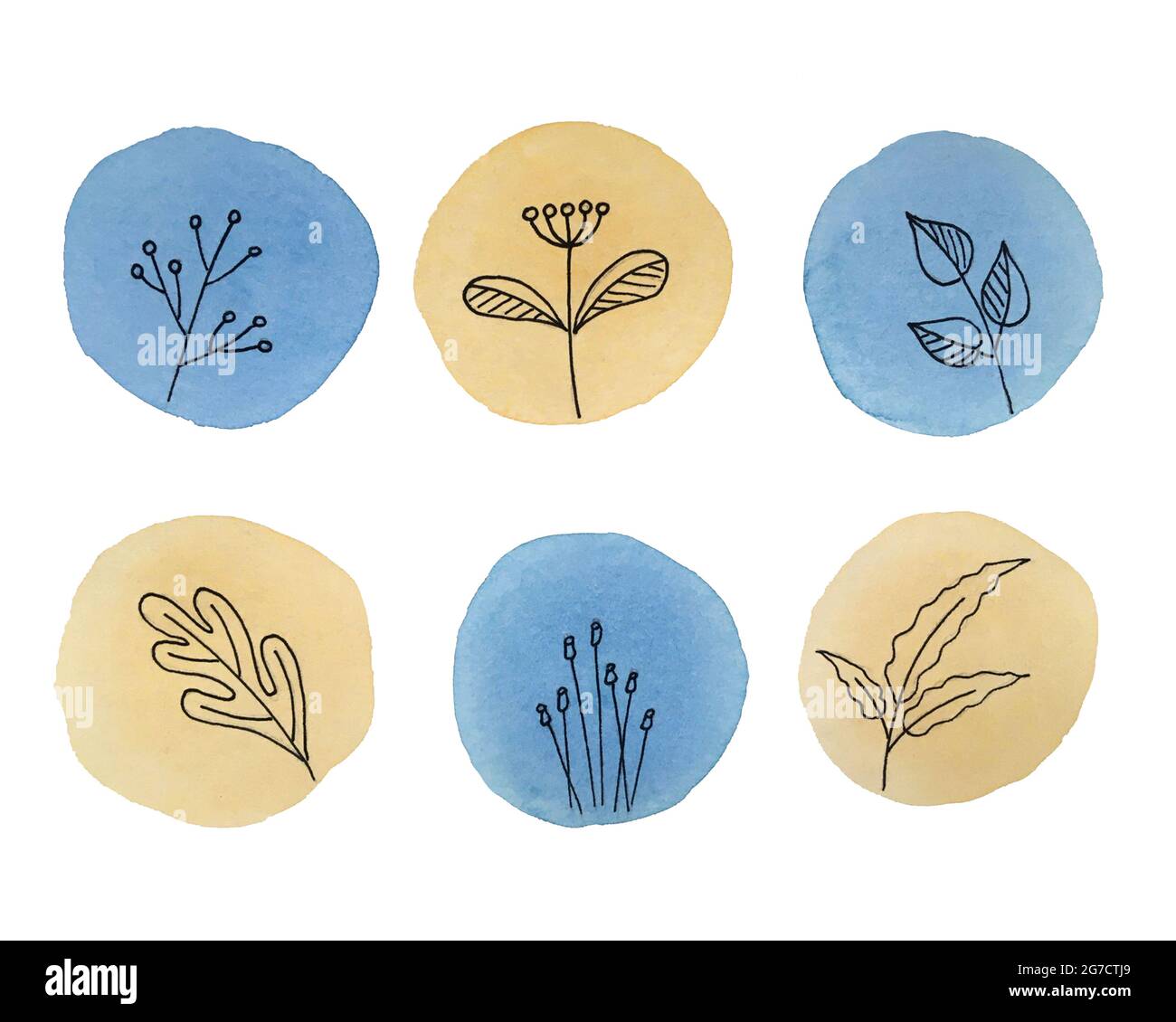 Set di macchie acquerello con disegni di contorno in stile doodling, isolati su sfondo bianco. Per il tuo progetto. Foto Stock