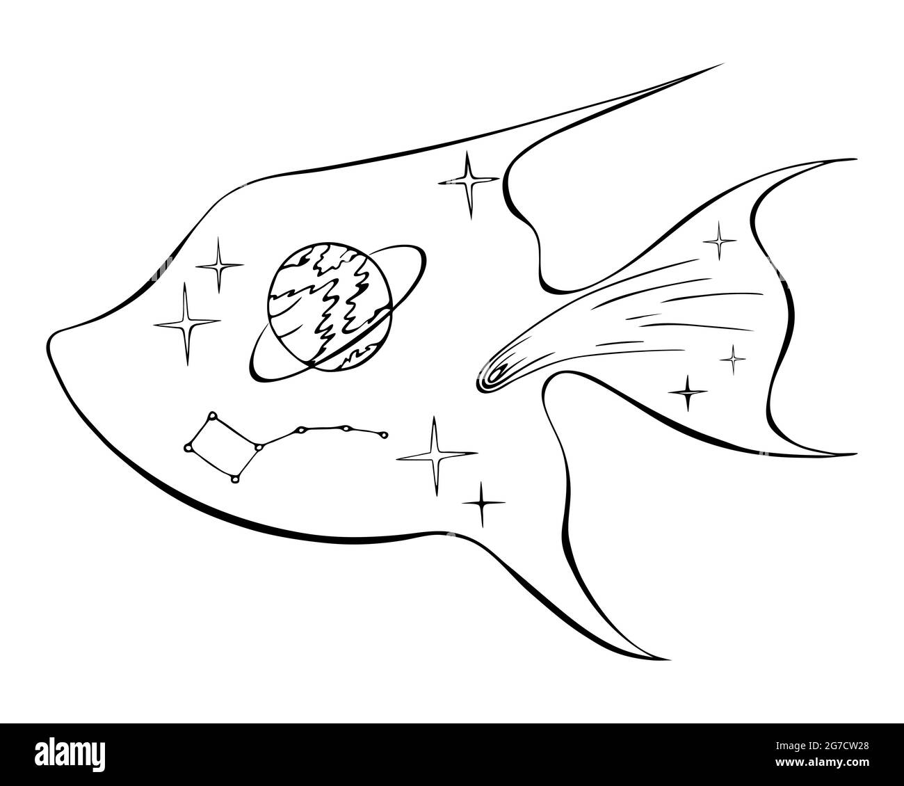 Silhouette di pesce con oggetti spazio comet, pianeta, stella, costellazione, stile doodling, disegno a mano libera nero. Su sfondo bianco, libro da colorare. Illustrazione vettoriale Illustrazione Vettoriale