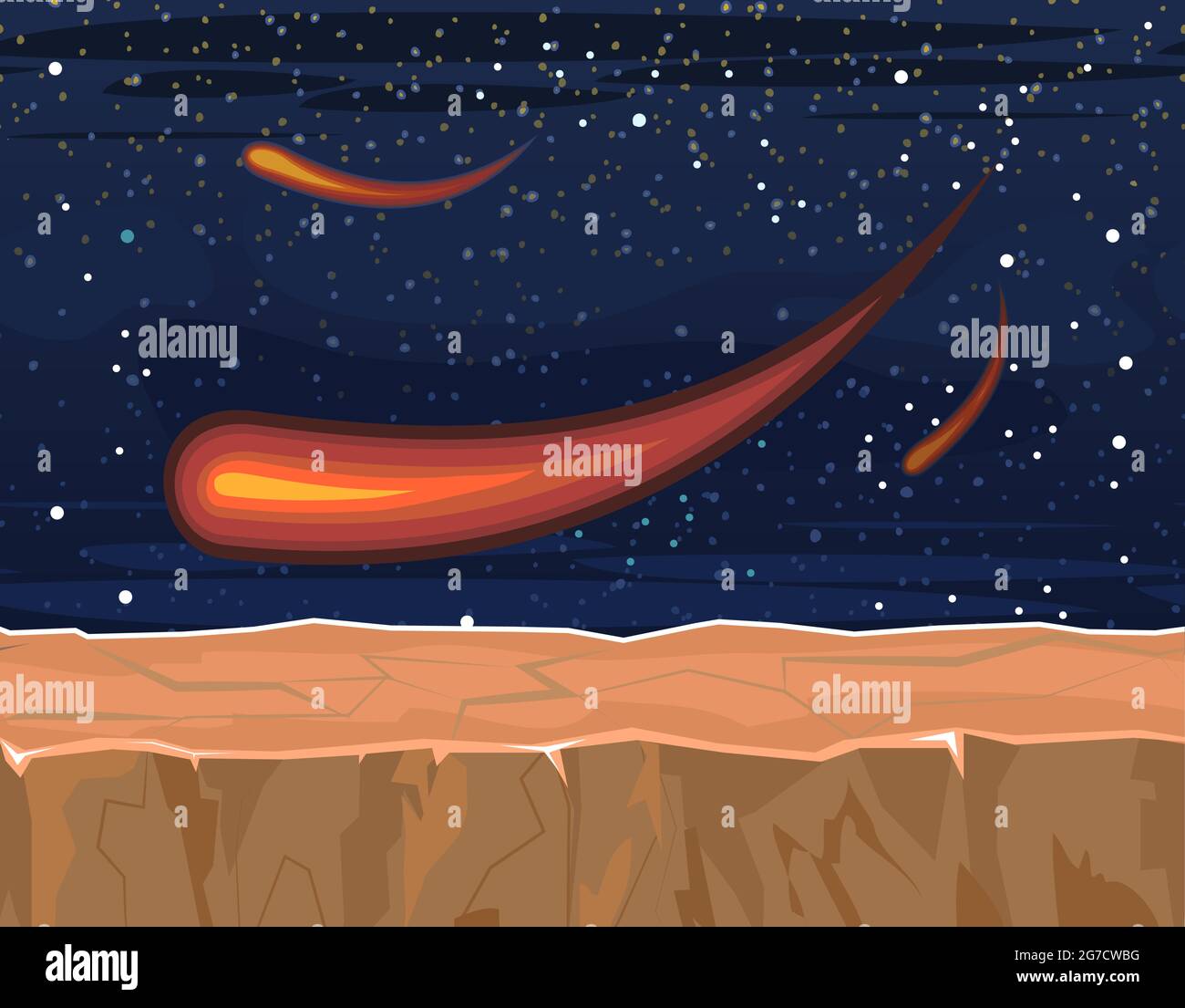 Sfondo COSMOS. Piattaforma. Cielo stellato paesaggio. Una cometa luminosa. Stile piatto. Disegno di cartone animato. Vettore Illustrazione Vettoriale