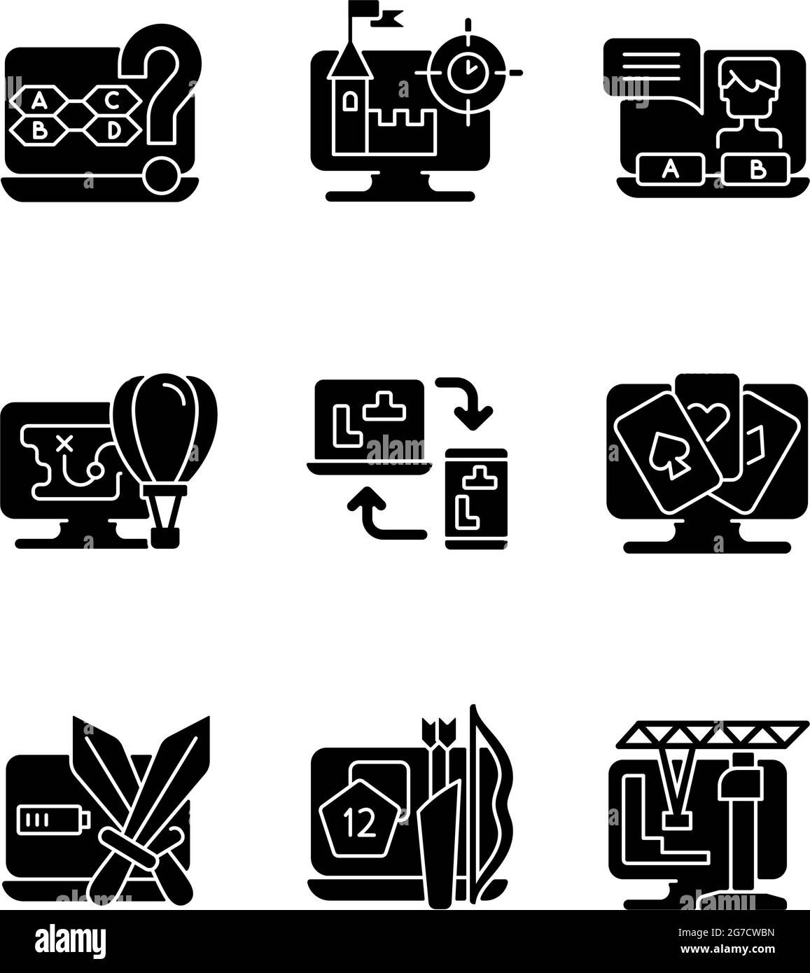 Generi di gioco glifo nero icone impostato su spazio bianco Illustrazione Vettoriale