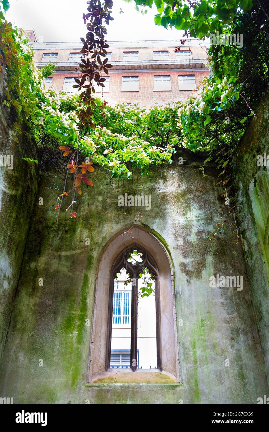 Rovina di St Dunstan nella chiesa orientale danneggiata nel Blitz, ora convertito in un giardino pubblico, Londra, Regno Unito Foto Stock