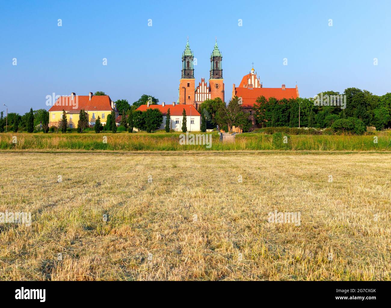 Le torri della Cattedrale del Santissimo Teotoko sull'Isola di Tumskiy sullo sfondo di un campo pittoresco. Polonia. Foto Stock