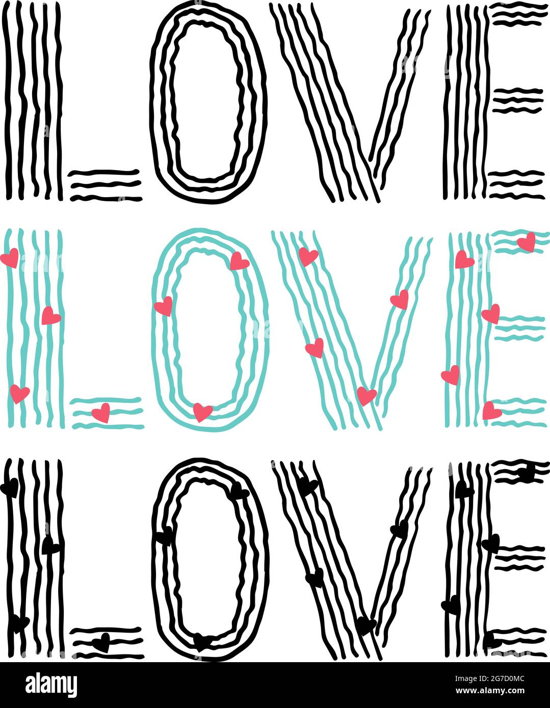 Lettere d'amore. Disegno a mano, nero, contorno. Per San Valentino, per carte, sfondo. Illustrazione vettoriale. Per il tuo progetto. Illustrazione Vettoriale