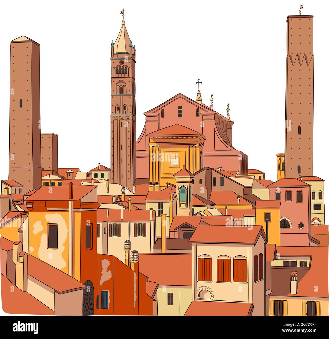 Vista aerea delle facciate medievali del tetto e delle torri. Bologna. Italia. Illustrazione Vettoriale