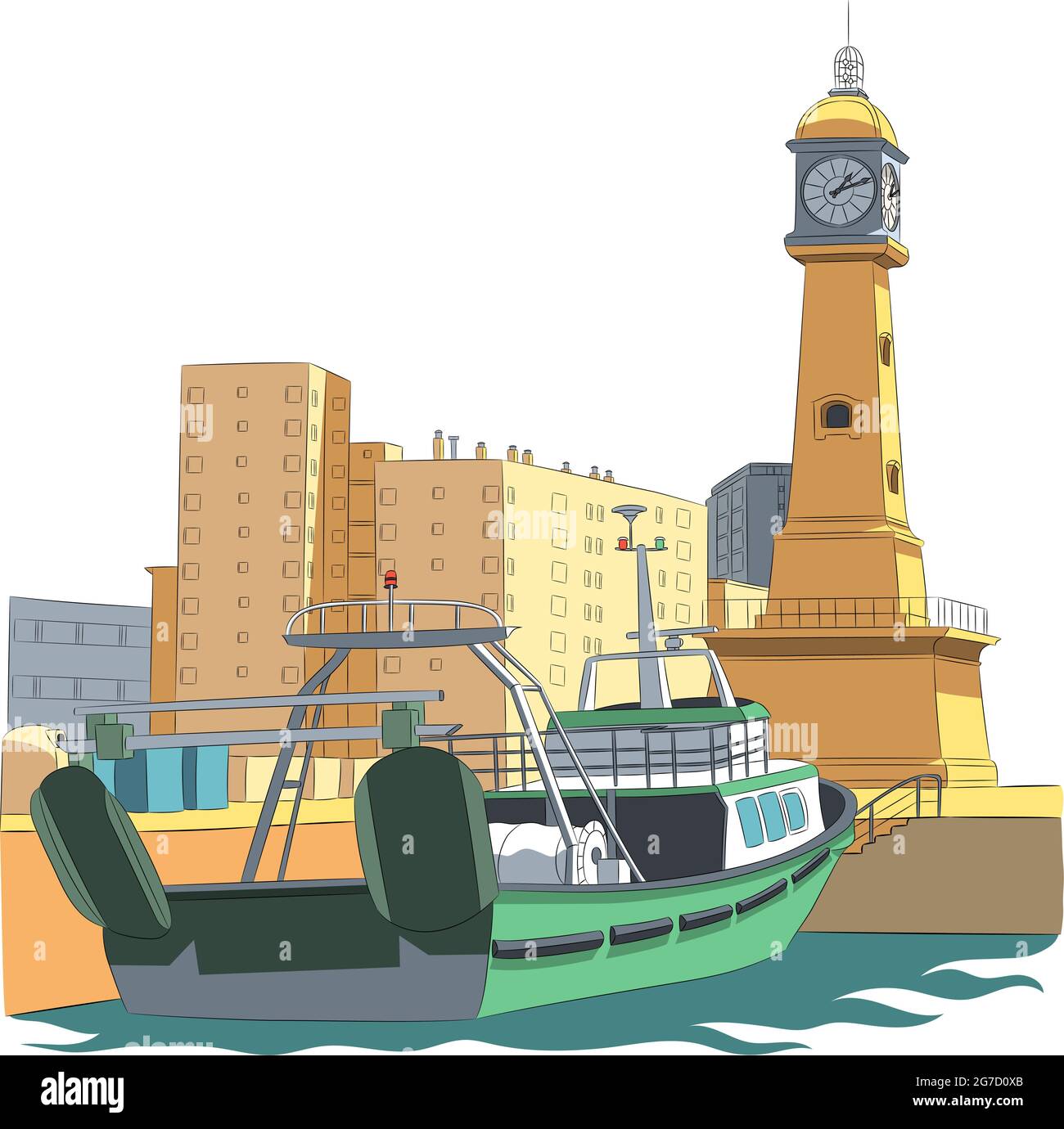 Barca da pesca al molo e un orologio sotto forma di faro. Barcellona Spagna. Illustrazione Vettoriale