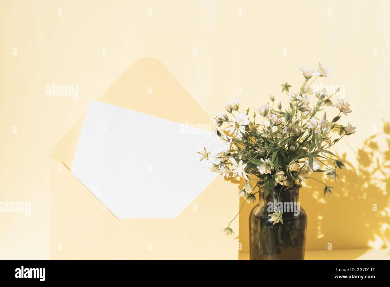 Busta con cartoncino e fiori selvatici in bottiglia di colore giallo Foto Stock