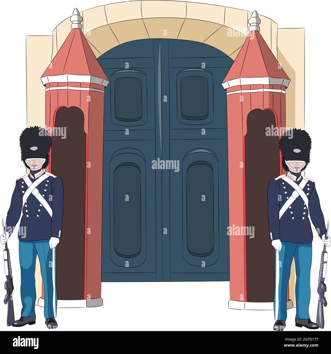 Le guardie reali danesi in uniforme tradizionale e portano i tappi sulla guardia. Copenaghen. Danimarca. Illustrazione Vettoriale