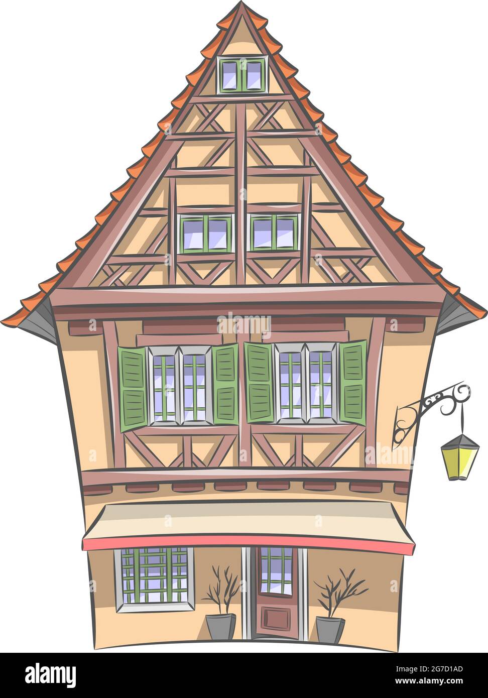 Immagine vettoriale di una vecchia casa medievale in legno giallo con tetto in tegole e lanterna. Colmar. Alsazia Francia. Illustrazione Vettoriale