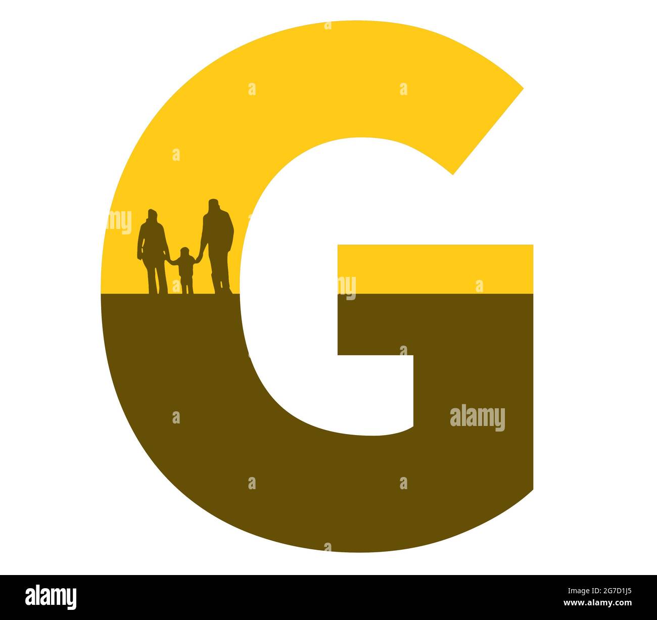 Lettera G dell'alfabeto fatta con una silhouette di famiglia, padre, madre e bambino, di colore ocra e marrone Foto Stock