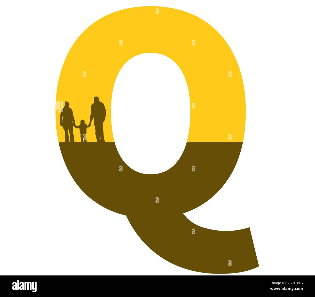 Lettera Q dell'alfabeto fatta con una silhouette di famiglia, padre, madre e bambino, di colore ocra e marrone Foto Stock